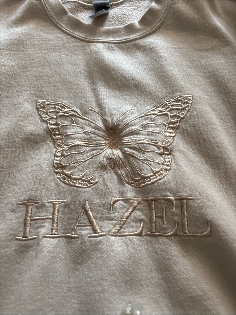 hazel Beige Embroidered Butterfly Crew Sweatshirt